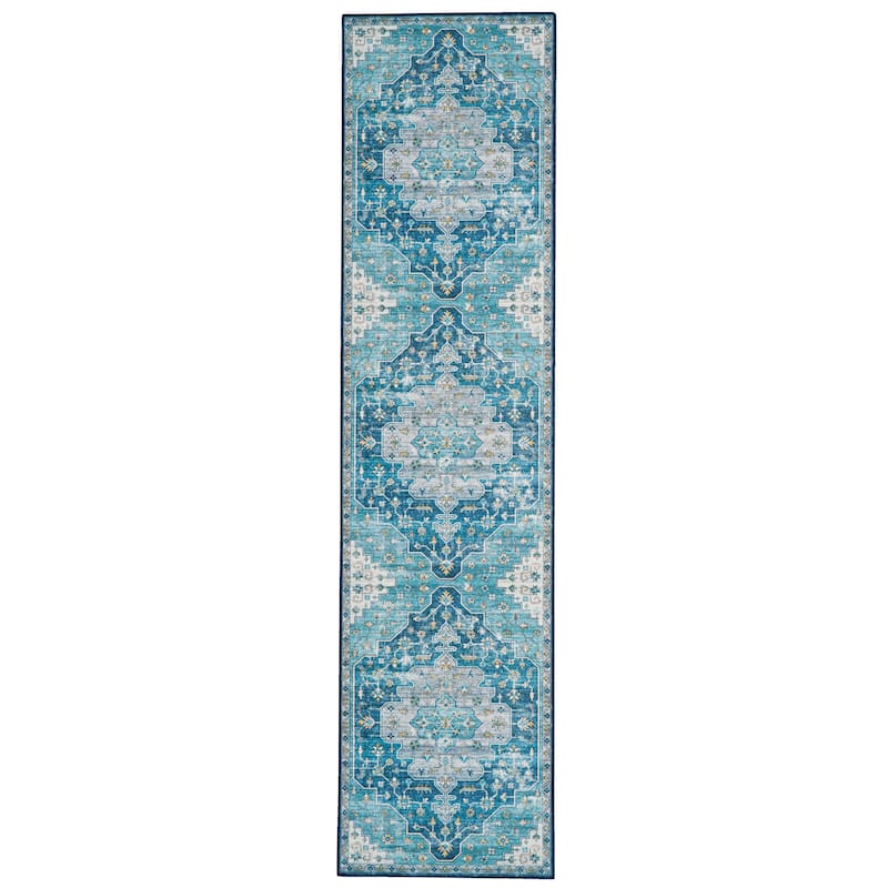 Sariah Machine Washlable Teal and Ivory Area Rug - 2' x 8' Runner