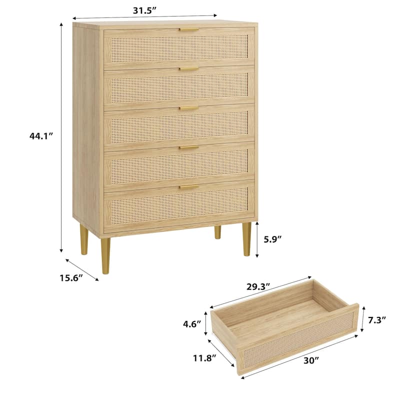 Rattan 5 Drawer Dresser, 44'' Tall Narrow Chest, Farmhouse Vertical Dresser with Metal Legs and Handles