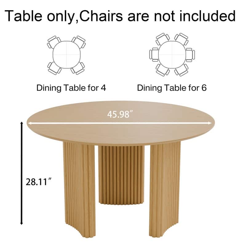 46" Round Dining Table Kitchen Table for 4 with Arc-Shaped Edge Top and Fluted Pedestal Legs for Living Room Dining Room Coffee