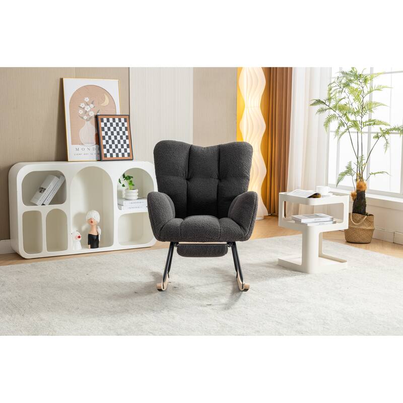 High Backrest Nursery Rocking Chair, Teddy Upholstered Glider Chair with Footrest, Recliner Chair with Solid Wood Legs