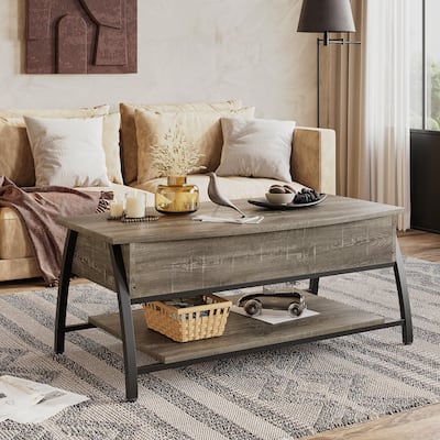 Lift Top Coffee Table Oval Wood Table with Hidden Storage Shelves - 41.5 inch