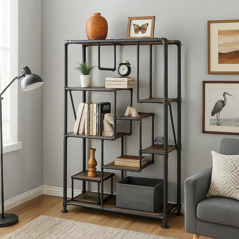 8-Tier Water Pipe Design Bookshelf, Brown and Gray