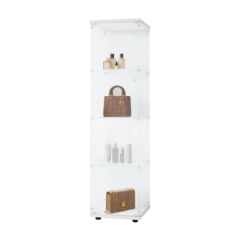 Tempered Glass Display Cabinet 4 Shelves with Door and Lock, Floor Standing Curio Bookshelf for Living Room Bedroom Office
