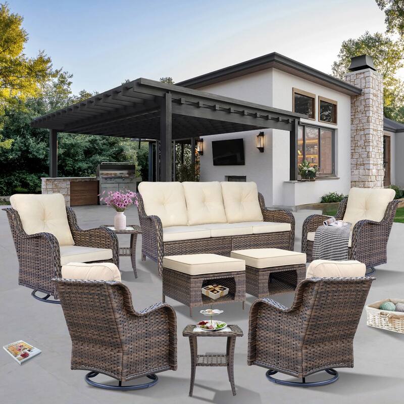 Outdoor Wicker Patio Conversation Seating Sofa Sets with Swivel Chairs - 9 Piece - Cream/Brown Wicker