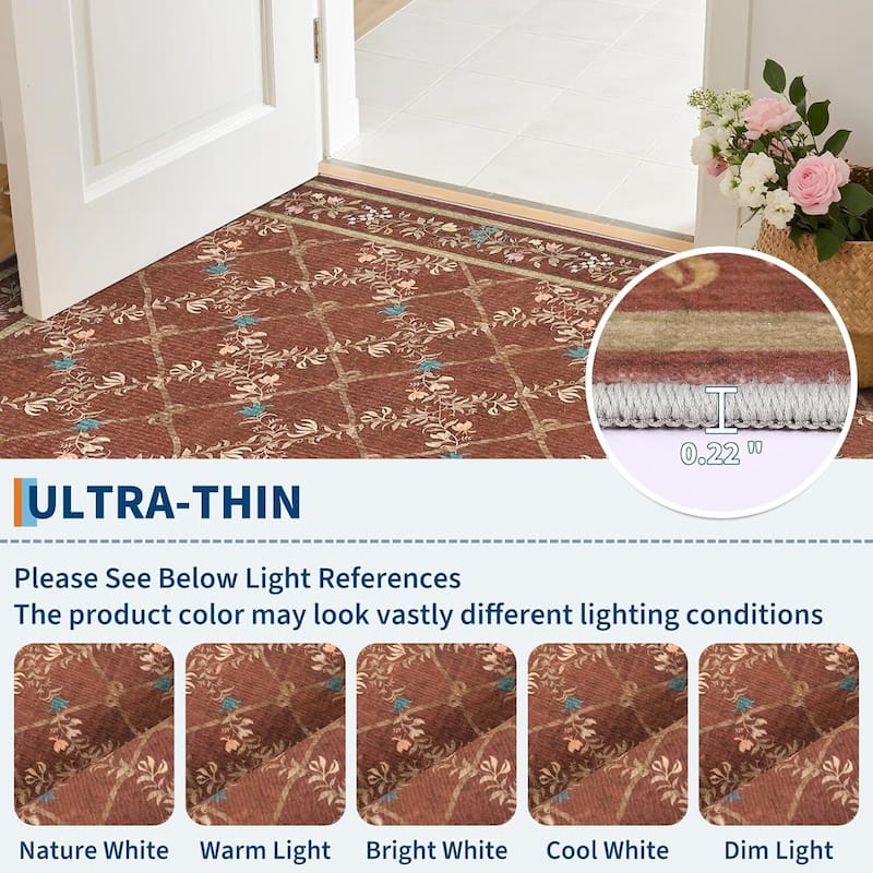 Floral Neutral Washable Hallway Low Pile Area Rug for Bedroom, Living Room, Red - 2' x 3'