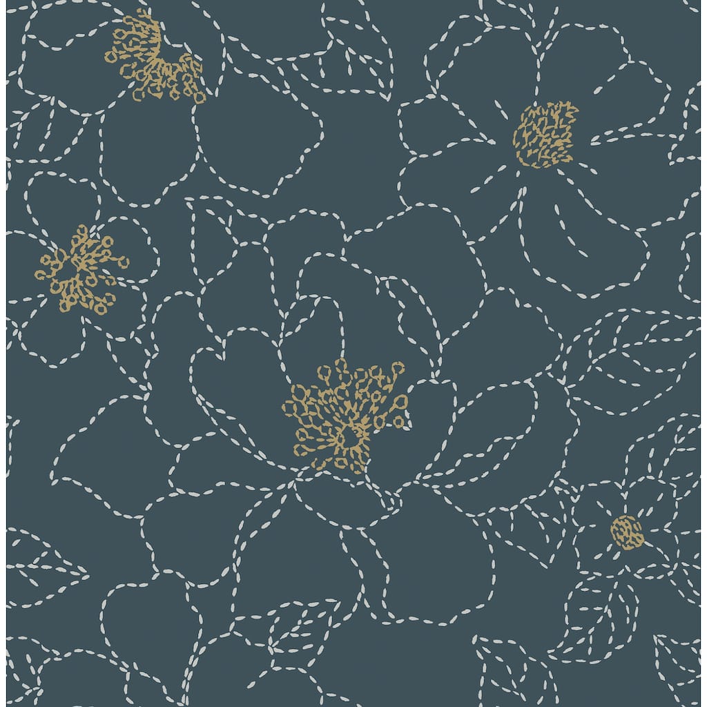 A-Street Prints Gardena Indigo Embroidered Floral Wallpaper