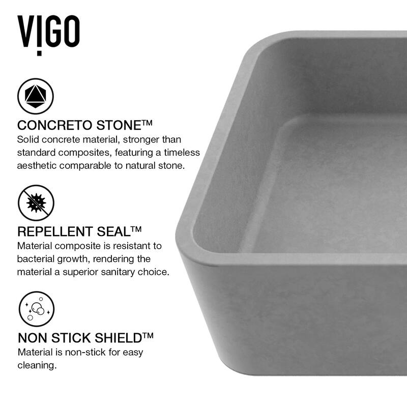 Vigo Concreto Stone 23-5/8" Rectangular Concreto Stone Vessel Bathroom