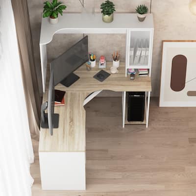Dual-Display Desk with Oak Finish, White Accents Storage Features