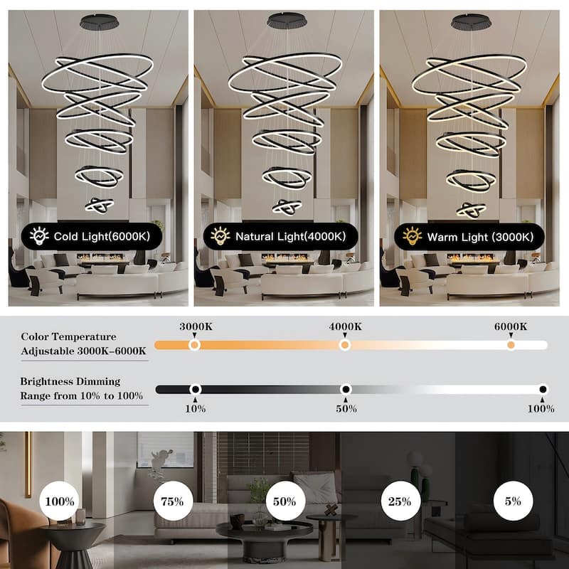 Modern LED Ring Chandelier - Remote Control Dimmable Pendant Lights for High Ceilings, Foyers & Living Rooms