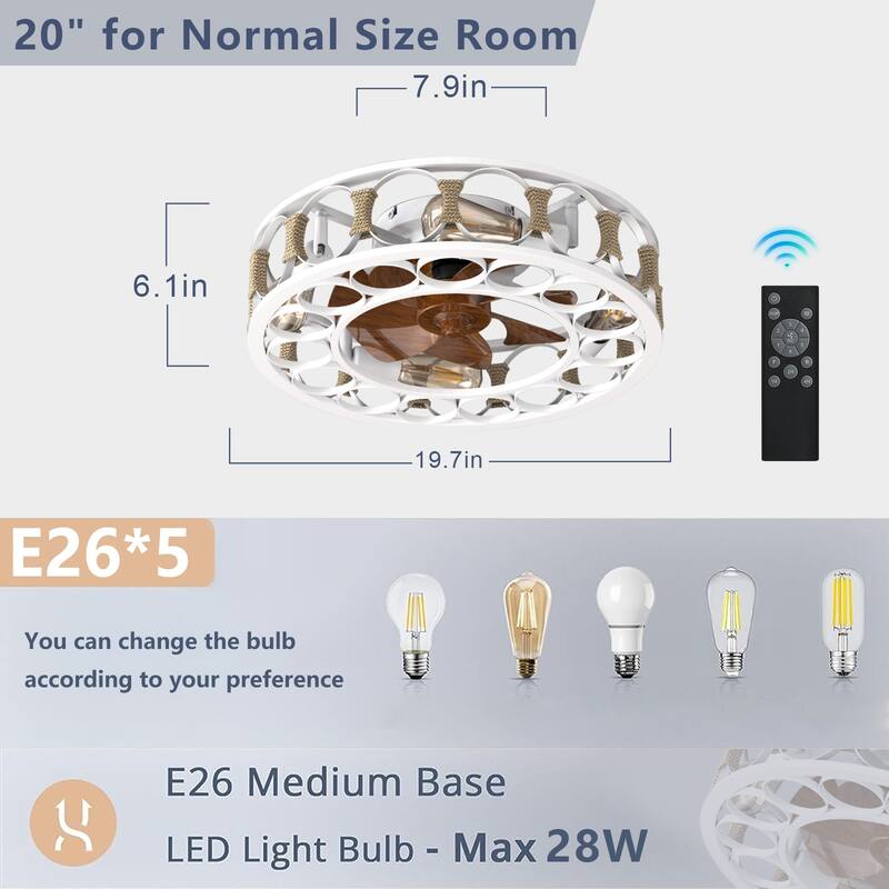 20 in. Indoor Caged Ceiling Fan with Lights Remote Control 6 Blades, Low Profile Flush Mount Ceiling Fan,4 LED Bulbs Include