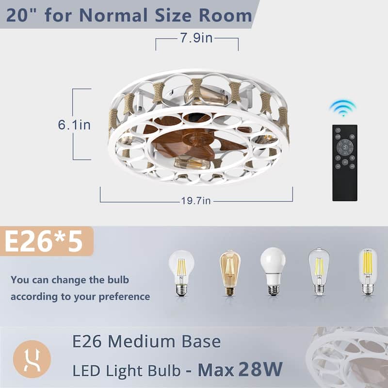 Modern Semi Recessed Ceiling Fan Light with Light and Timer Function, 6 Wind Speeds for Bedroom and Living Room