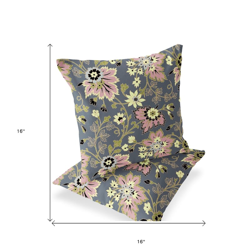 HomeRoots Set of Two 16" X 16" Gray and Pink Blown Seam Floral Indoor Outdoor Throw Pillow - 16.00' X '16.00' X '5.00