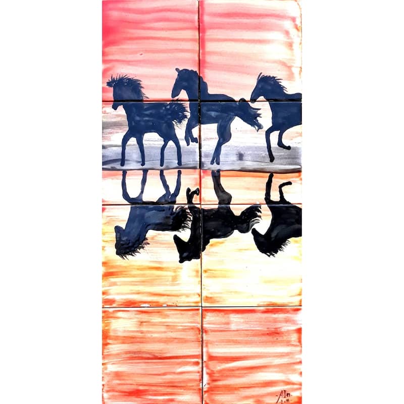 12in x 24in Running Horses 8pc Mosaic Tile Ceramic Wall Mural