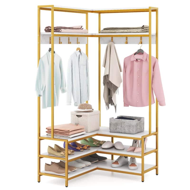 Costway Corner Garment Rack L-shaped Clothes Rack with Open Shelves & - See Details - White + golden