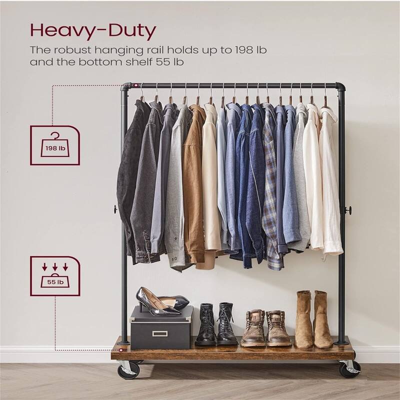 Industrial Pipe Style Rolling Garment Rack with Shelf - 15.1"D x 41.1"W x 63.8"H