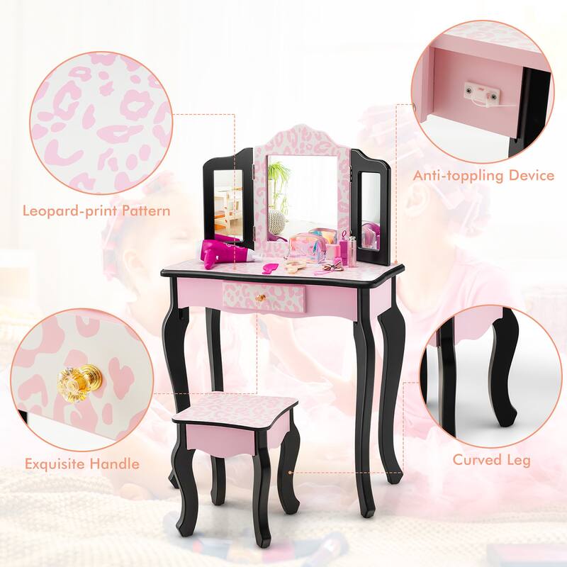 Kid Vanity Set Wooden Makeup Table Stool TriFolding Mirror Leopard