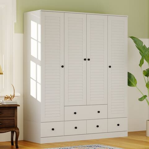 Modern 4-Door Wood Bedroom Armoire in White Closet Cabinet Wardrobe