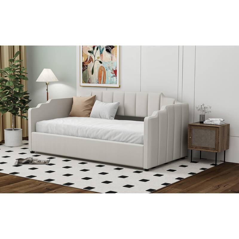 Modern Twin Size Platform Bed Frame with Underneath Storage and Wood Slatted Support Upholstered Daybed, Beige
