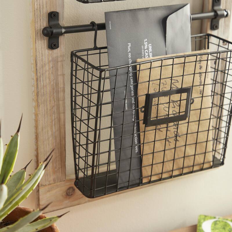 Metal Suspended Wire Basket 2 Slot Magazine Rack Holder with Suspended Baskets and Label Slot - Black - Roche River Decor