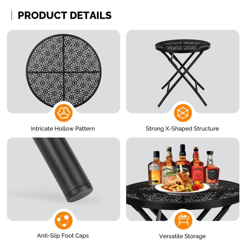 Black Iron Folding Patio Side Table with Flower Cutout Design - 18.1 x 18.1 x 18.7 in