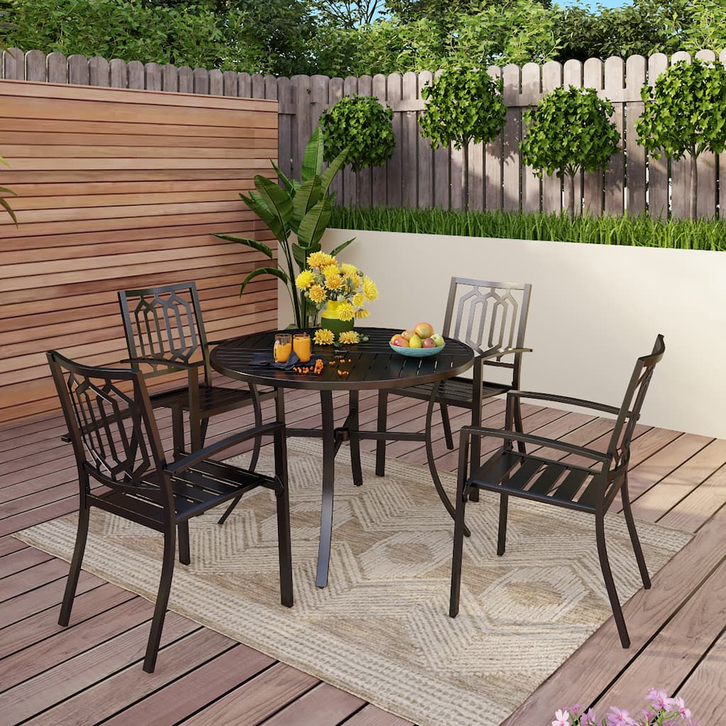 MAISON ARTS 5-Piece Geometrically Stamped Round Table & Stackable Dining Chairs Outdoor Dining Set