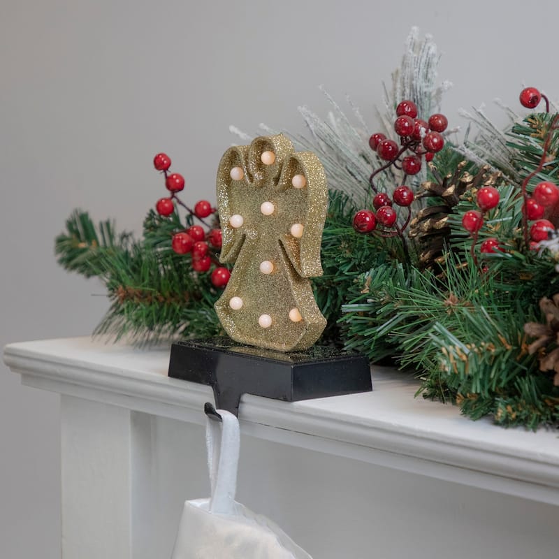 Gold Glittered LED Lighted Angel Christmas Stocking Holder 7"