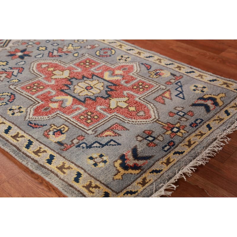 Gray Geometric Heriz Serapi Indian Runner Rug Handmade Wool Carpet - 2'7" x 7'8" - 2'7" x 7'8" - Grey