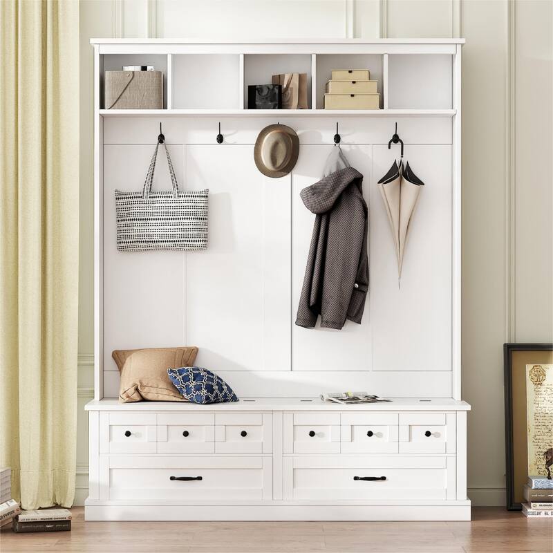 Elegant Wide Hall Tree with 5 Hooks, Versatile Entryway Lift Top Storage Bench with 2 Drawers - White