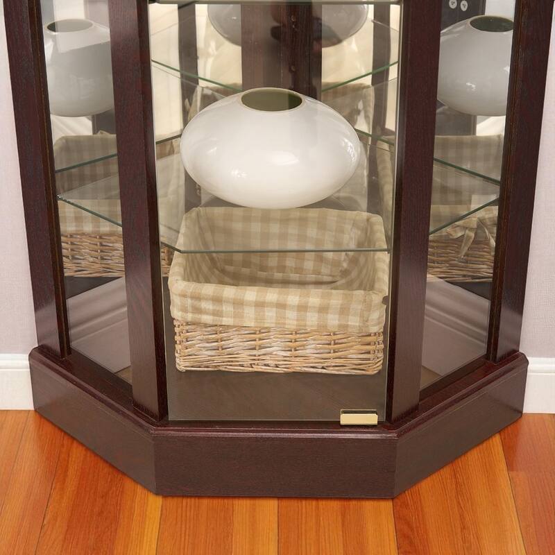 Lighted Corner Curio Cabinet with Glass Doors, Adjustable Shelves & Carved Cherry Decor, Elegant Display Cabinet for Home