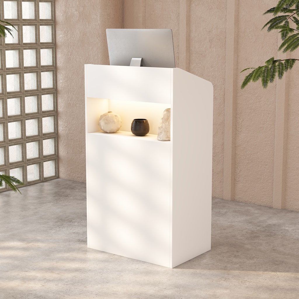 Reception Desk with LED Light, Standing Podium with Adjustable 3-Color Lighting and Storage Shelves for Office or Store