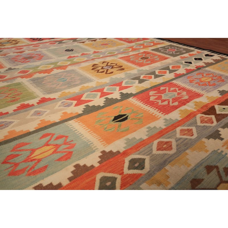Reversible Geometric Multi-Color Kilim Area Rug Hand-Woven Wool Carpet - 7'11" x 11'2"