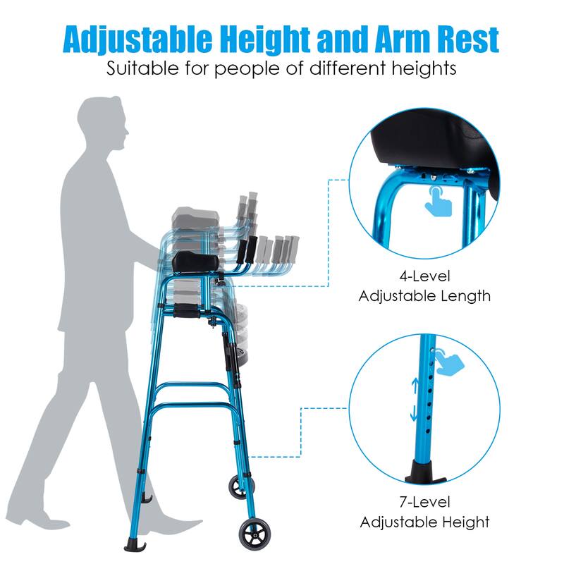 Costway Folding Wheel Walking Frame Adjustable Alloy Walker W/Armrest - See Details