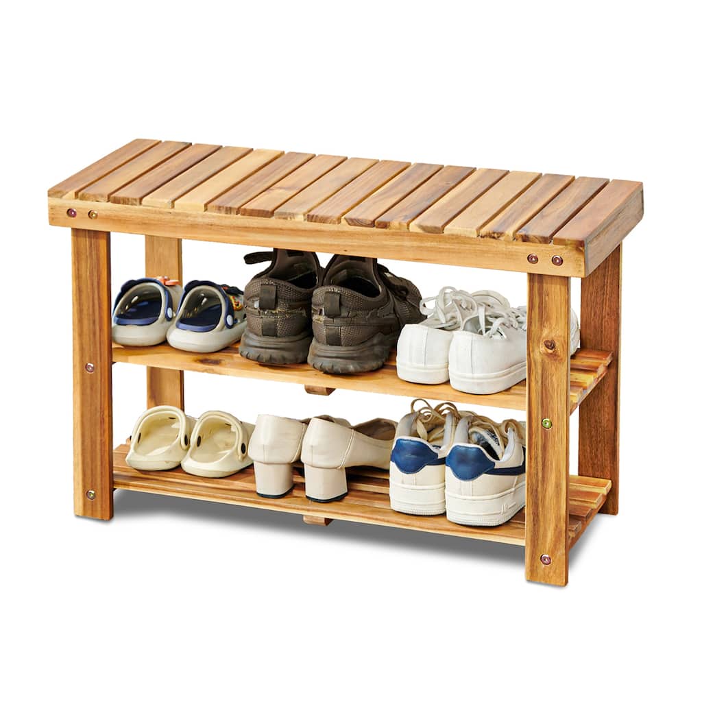 Farmhouse Acacia Wood Shoe Rack Bench 2-Tier Natural Wood Organizer