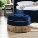 preview thumbnail 63 of 90, Yolanda Performance Fabric 25" Tufted Round Footstool Ottoman with Rope Fringe Navy Blue Velvet