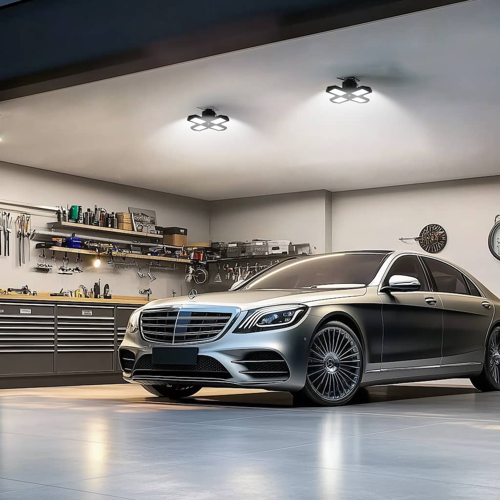 YANSUN 4-Blade Garage Light, 6500K Color Temperature, Motion Sensor, Black Finish for Efficient Lighting - 11*11*5.9