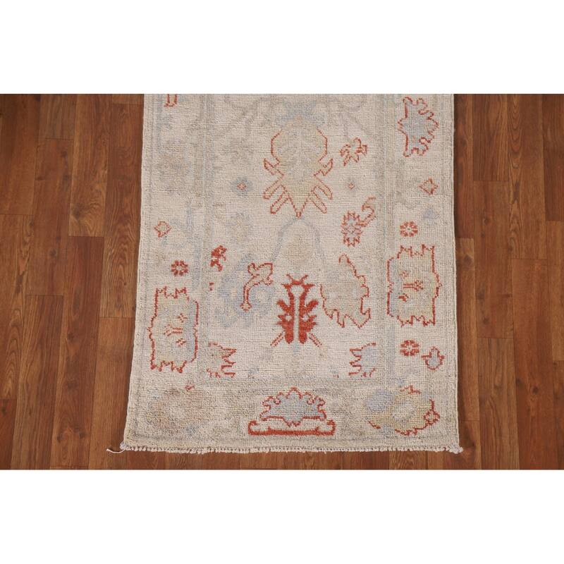 Hand Knotted Oriental 100% Wool Carpet Transitional All-Over Beige & Ivories Oushak Runner Rug - 17' 7'' X 2' 5''