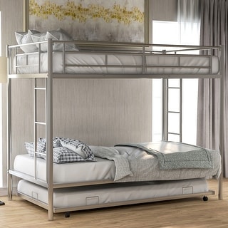 Twin Over Twin Bunk Kids Bed with Trundle, Two Ladders, Easy-Glide Casters, Easy Assembly, Silver