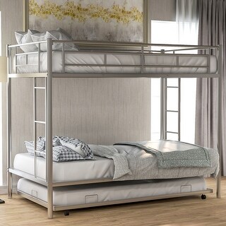 Twin over Twin Bunk Bed with Trundle and Two Ladders, Easy Assembly, Silver