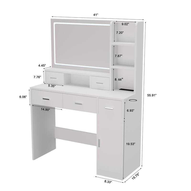 LED Vanity Desk with Mirror Wooden Dresser and Upholstered Stool Set Makeup Vanity Table with Storage Drawers