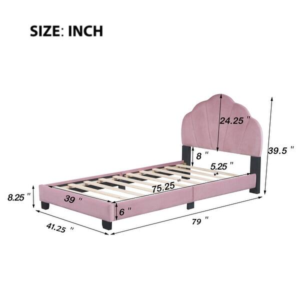 dimension image slide 1 of 2, Twin Size Platform Bed Frame Velvet Upholstered Headboard Wooden Slats Support, Kids Wood Platform Bed Easy Assembly