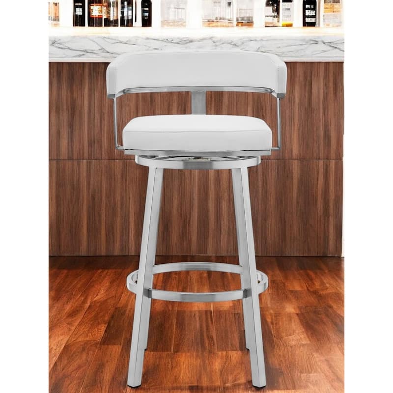 30" White and Silver Faux Leather Stainless Steel Low Back Bar Height Swivel Bar Chair - White