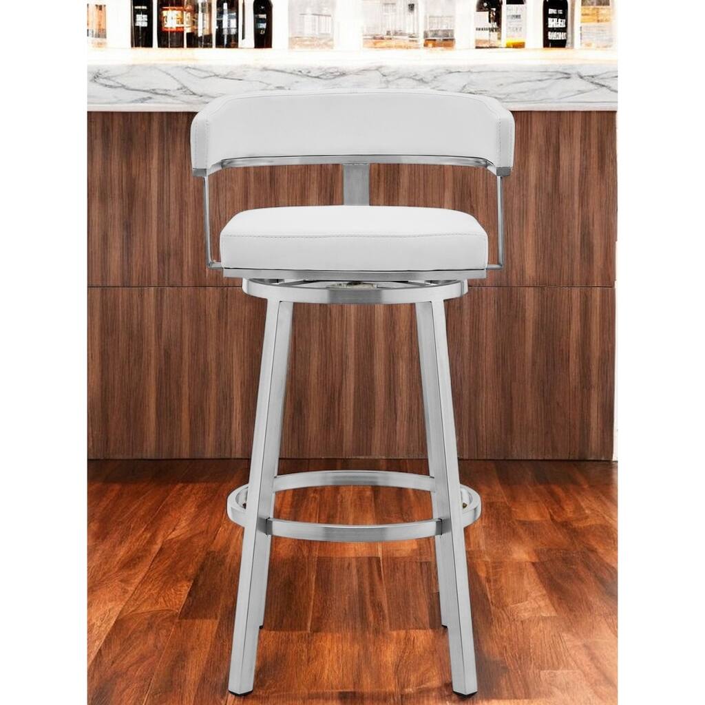 30" White and Silver Faux Leather Stainless Steel Low Back Bar Height Swivel Bar Chair