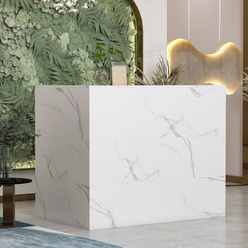 Timechee Reception Desk L-Shaped Counter Shelves Drawers Reception Table - Marble