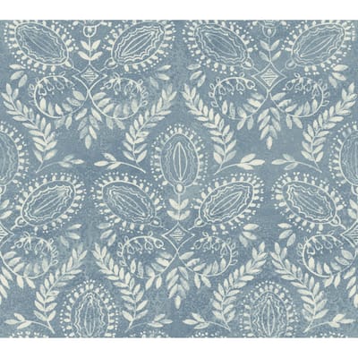 Eugene Blue Non-Woven Unpasted Bohemian Laurel Damask Wallpaper Covers about 60.75 sq. ft.