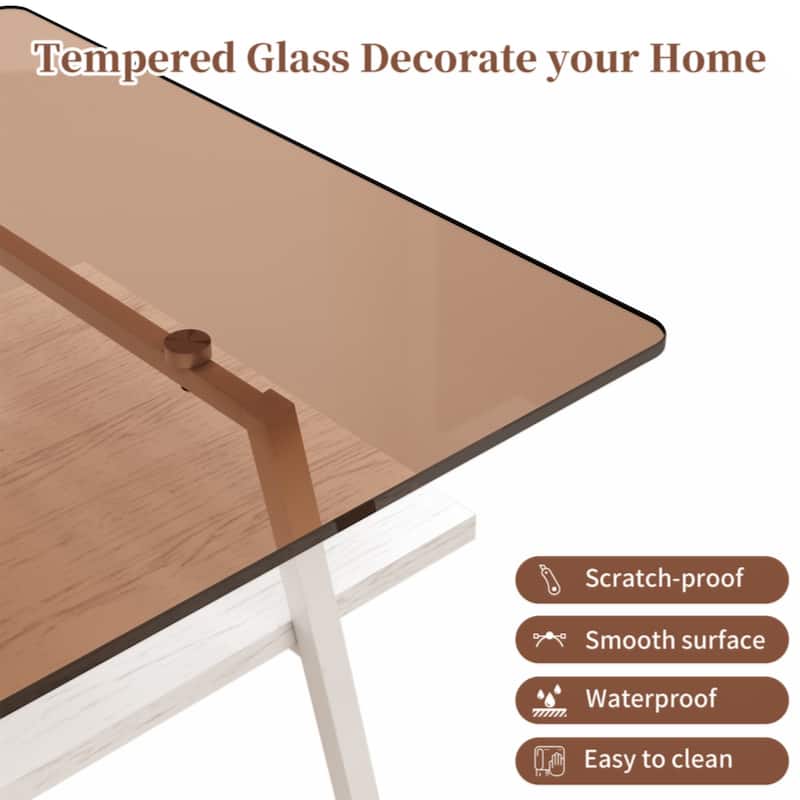 Rectangle Coffee Table, Tempered Glass Tabletop with Black Metal Legs, Modern Table for Living Room