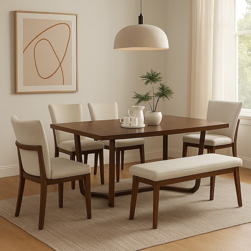 Lere Dining Chair Set of 2, Beige Fabric, Antique Style Brown Wood