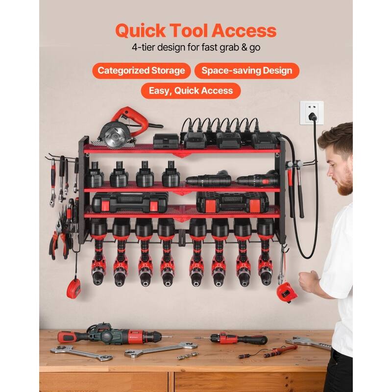 4-Tier Red Wall-Mounted Tool Organizer Rack with 8 Drill Slots and Pegboard Power Strip - 32.87 x 8.66 x 16.54 in