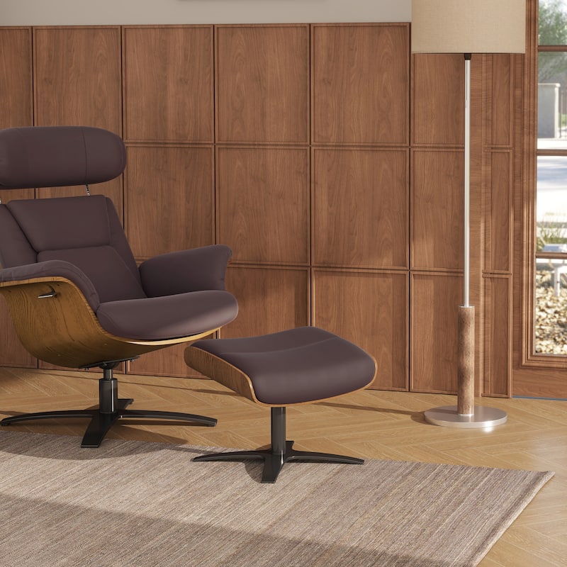 Jovan 20.5" Mid-Century Modern Genuine Leather Footstool Ottoman