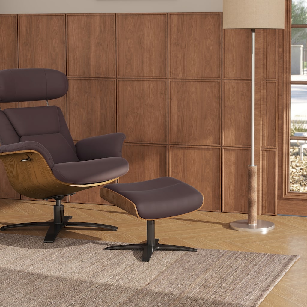 Jovan 20.5" Mid-Century Modern Genuine Leather Footstool Ottoman