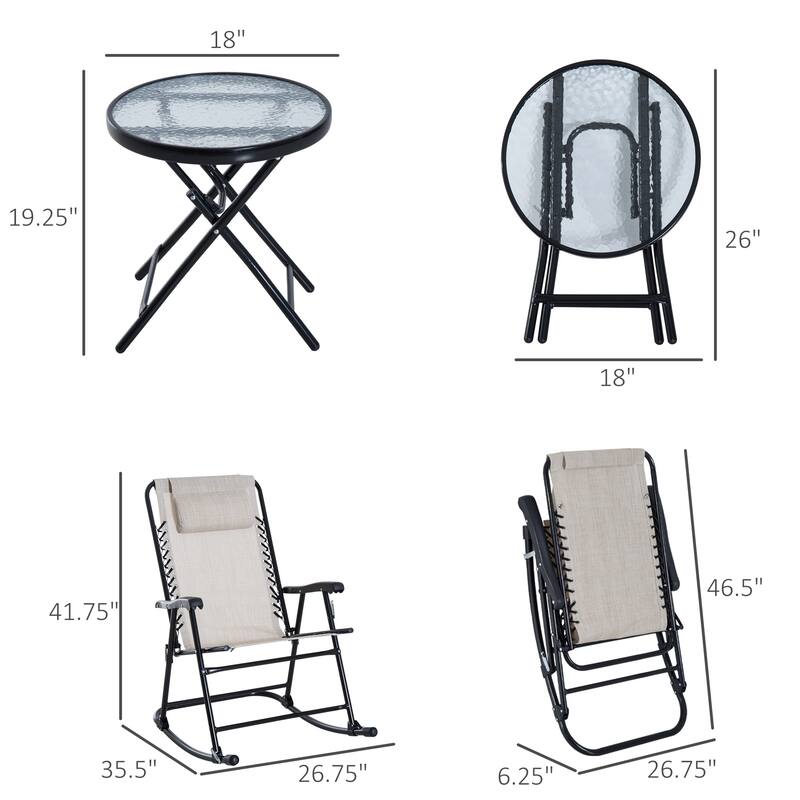 3-Piece Outdoor Rocking Chair Set, Folding Rocker Set with Glass Coffee Table, Headrests
